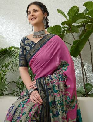 Pink color modern pre-stitched cotton saree with unstitched designer blouse 4