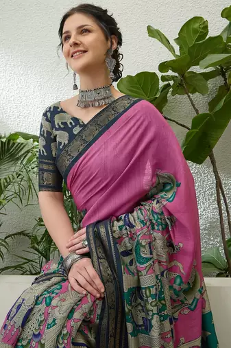 Pink color modern pre-stitched cotton saree with unstitched designer blouse