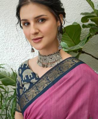 Pink color modern pre-stitched cotton saree with unstitched designer blouse 5