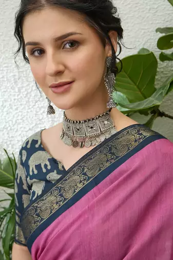 Pink color modern pre-stitched cotton saree with unstitched designer blouse