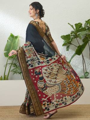 Black color modern pre-stitched cotton saree with unstitched designer blouse 3