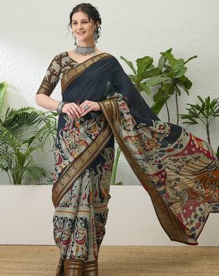 Black color modern pre-stitched cotton saree with unstitched designer blouse 4