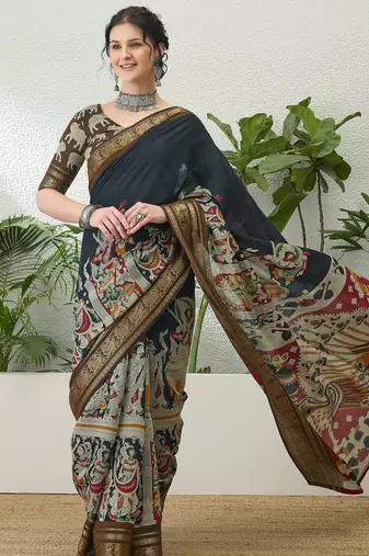 Black color modern pre-stitched cotton saree with unstitched designer blouse