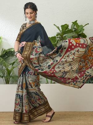 Black color modern pre-stitched cotton saree with unstitched designer blouse 5