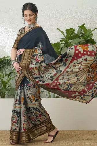 Black color modern pre-stitched cotton saree with unstitched designer blouse