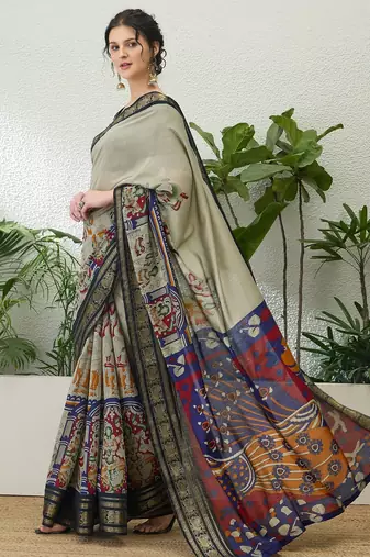 Cream color modern pre-stitched cotton  saree with unstitched designer blouse