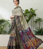 Cream color modern pre-stitched cotton  saree with unstitched designer blouse