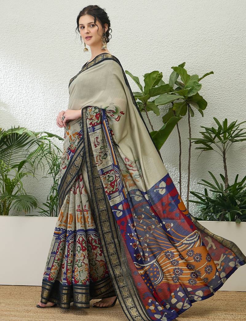 Cream color modern pre-stitched cotton  saree with unstitched designer blouse