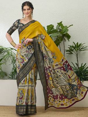 Yellow color modern pre-stitched cotton saree with unstitched designer blouse 1