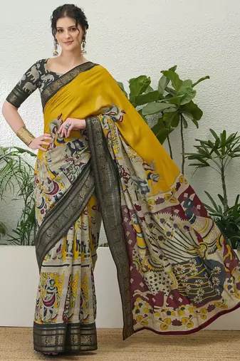 Yellow color modern pre-stitched cotton  saree with unstitched designer blouse