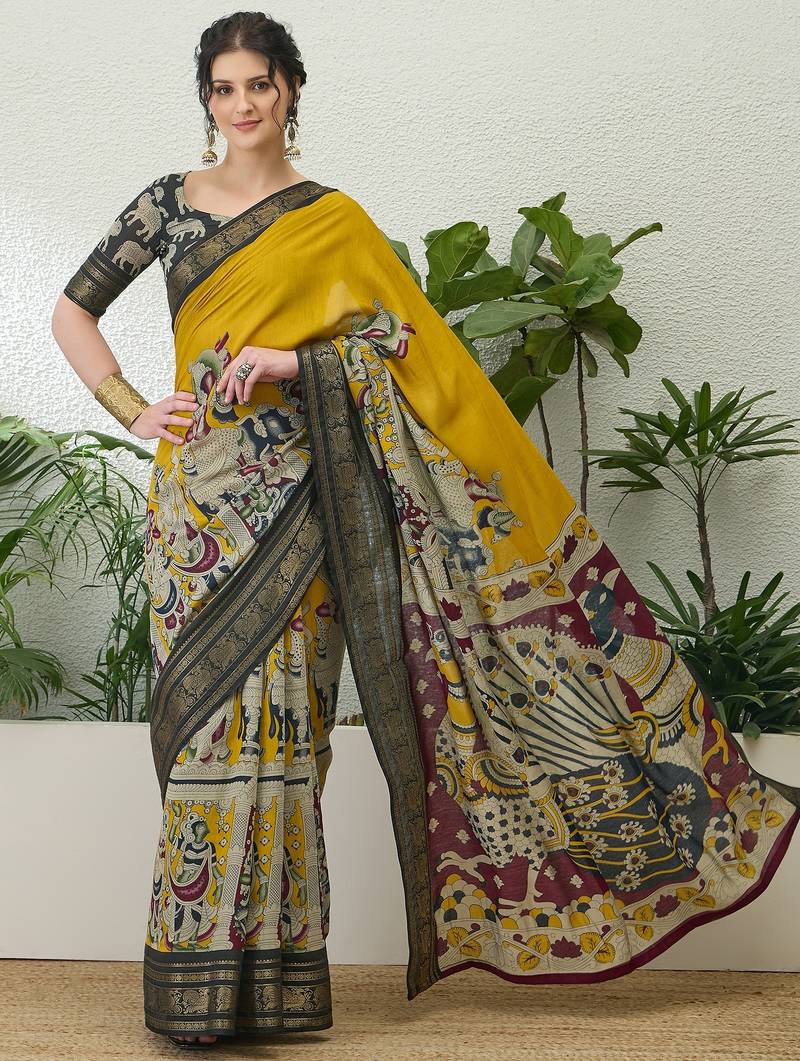 Yellow color modern pre-stitched cotton  saree with unstitched designer blouse