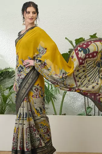 Yellow color modern pre-stitched cotton  saree with unstitched designer blouse