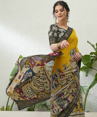 Yellow color modern pre-stitched cotton saree with unstitched designer blouse 3