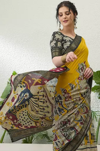 Yellow color modern pre-stitched cotton  saree with unstitched designer blouse