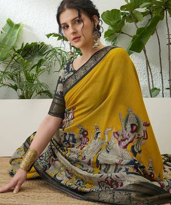 Yellow color modern pre-stitched cotton saree with unstitched designer blouse 5