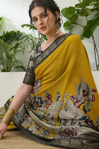 Yellow color modern pre-stitched cotton  saree with unstitched designer blouse