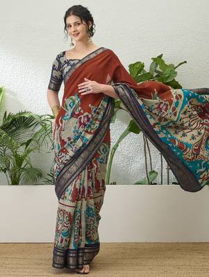 Brown color modern pre-stitched cotton saree with unstitched designer blouse 1