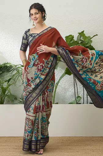 Brown color modern pre-stitched cotton  saree with unstitched designer blouse