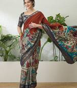 Brown color modern pre-stitched cotton  saree with unstitched designer blouse