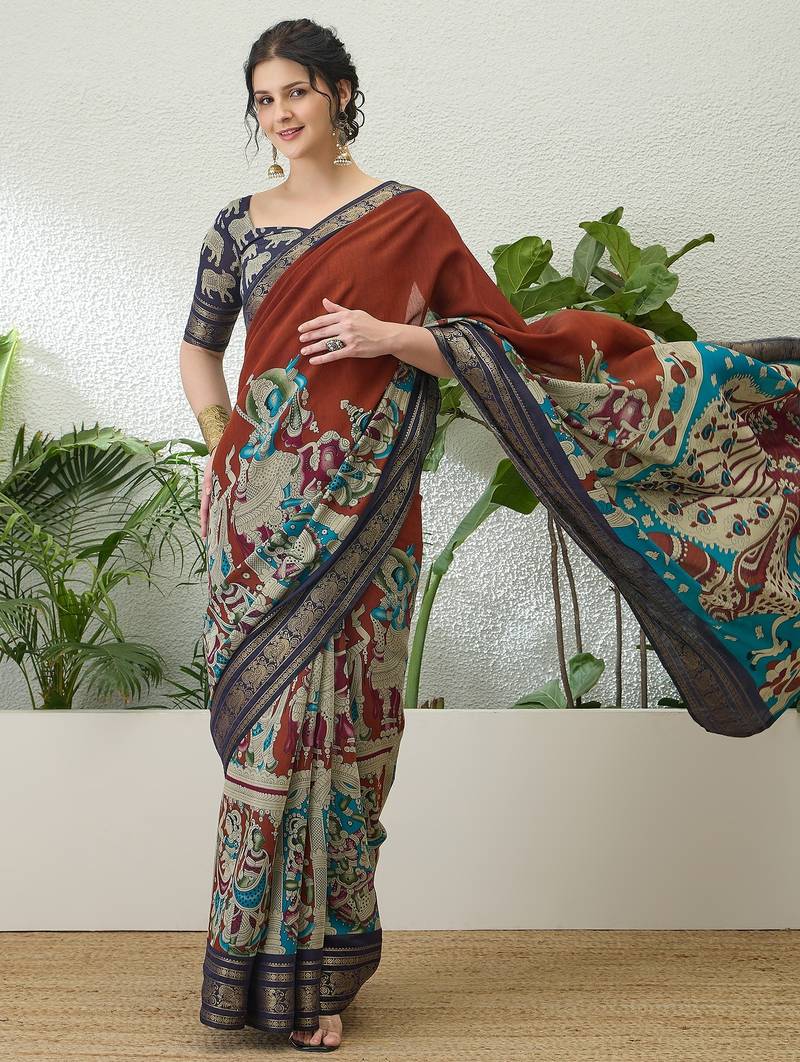 Brown color modern pre-stitched cotton  saree with unstitched designer blouse