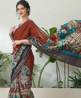 Brown color modern pre-stitched cotton saree with unstitched designer blouse 2