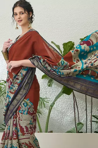 Brown color modern pre-stitched cotton  saree with unstitched designer blouse