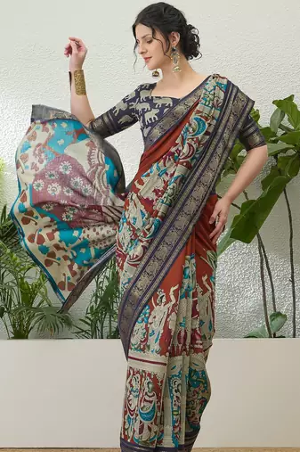 Brown color modern pre-stitched cotton  saree with unstitched designer blouse