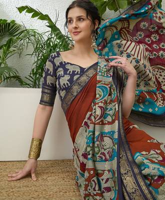Brown color modern pre-stitched cotton saree with unstitched designer blouse 4