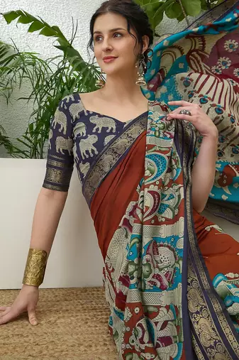 Brown color modern pre-stitched cotton  saree with unstitched designer blouse