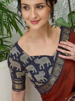 Brown color modern pre-stitched cotton saree with unstitched designer blouse 5