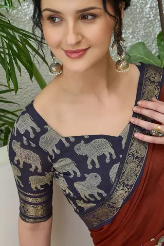 Brown color modern pre-stitched cotton  saree with unstitched designer blouse