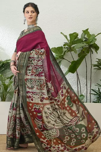 Wine color modern pre-stitched cotton saree with unstitched designer blouse