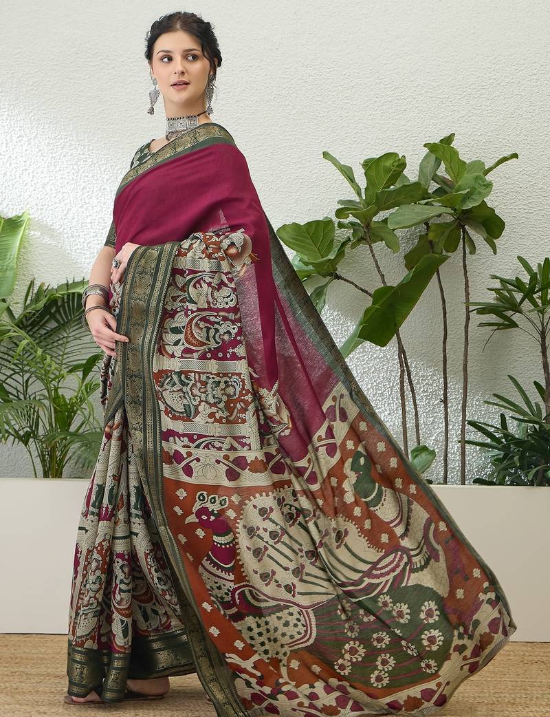 Wine color modern pre-stitched cotton saree with unstitched designer blouse