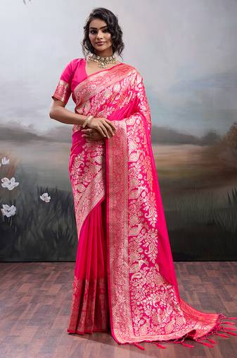 pink colour silk blend saree with rich gold zari work