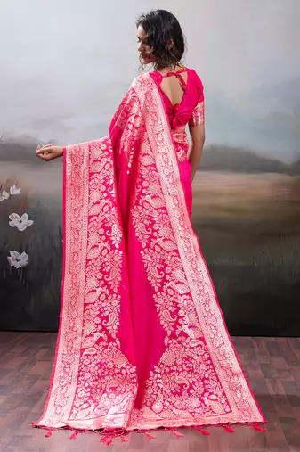 pink colour silk blend saree with rich gold zari work