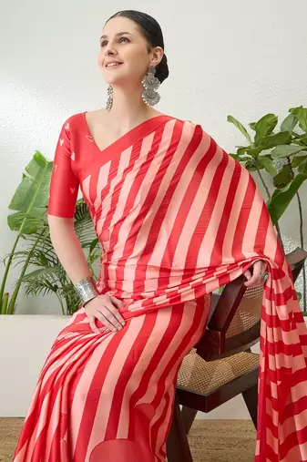 Red color modern pre-stitched  semi modal saree with unstitched designer blouse