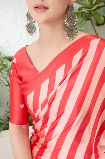 Red color modern pre-stitched  semi modal saree with unstitched designer blouse