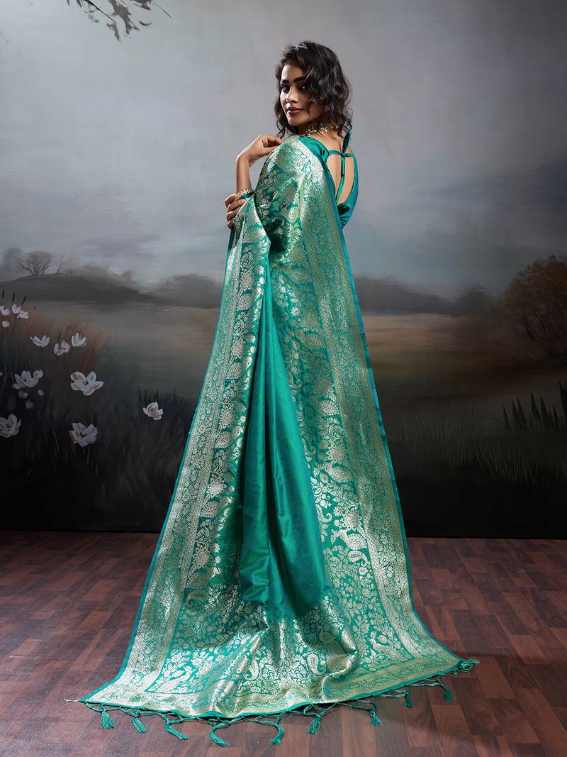 Sea green colour silk blend saree with rich gold zari work
