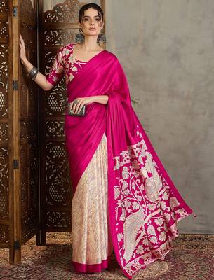 Pink color ready pleated semi modal saree with unstitched designer blouse 1