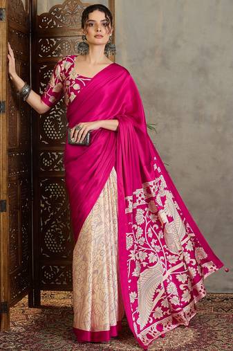 Pink color ready pleated semi modal saree with unstitched designer blouse