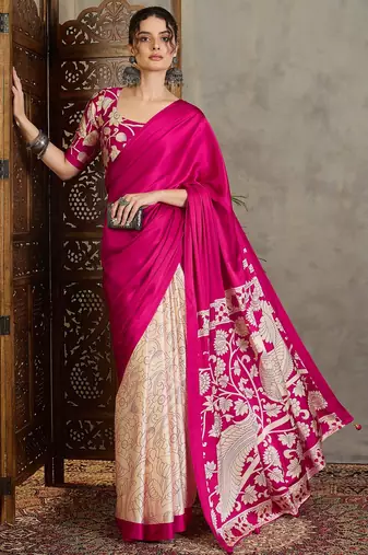 Pink color ready pleated semi modal saree with unstitched designer blouse