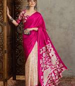 Pink color ready pleated semi modal saree with unstitched designer blouse