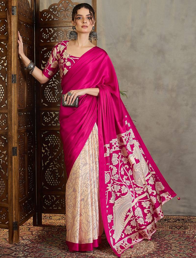 Pink color ready pleated semi modal saree with unstitched designer blouse
