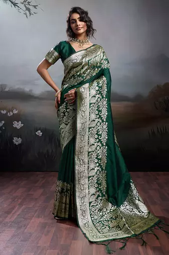 Green colour silk blend saree with rich gold zari work