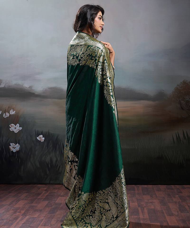 Green colour silk blend saree with rich gold zari work