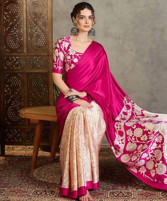 Pink color ready pleated semi modal saree with unstitched designer blouse 2