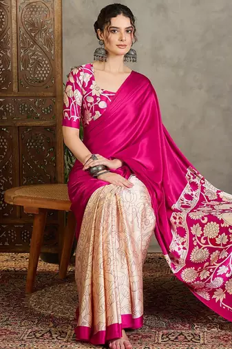 Pink color ready pleated semi modal saree with unstitched designer blouse