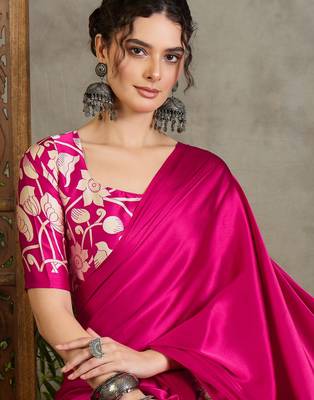 Pink color ready pleated semi modal saree with unstitched designer blouse 3