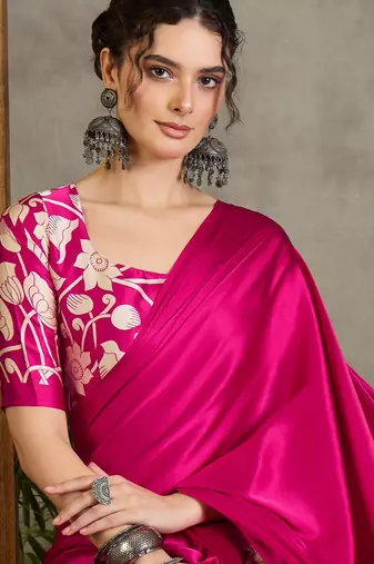 Pink color ready pleated semi modal saree with unstitched designer blouse