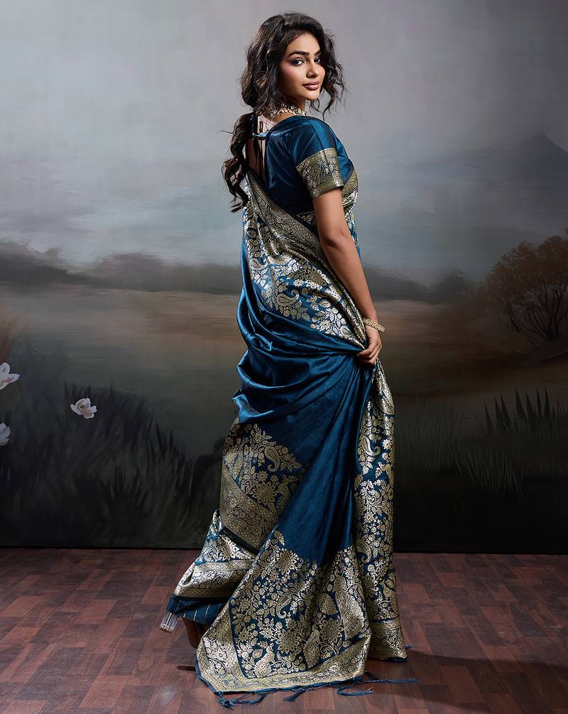 Blue colour silk blend saree with rich gold zari work
